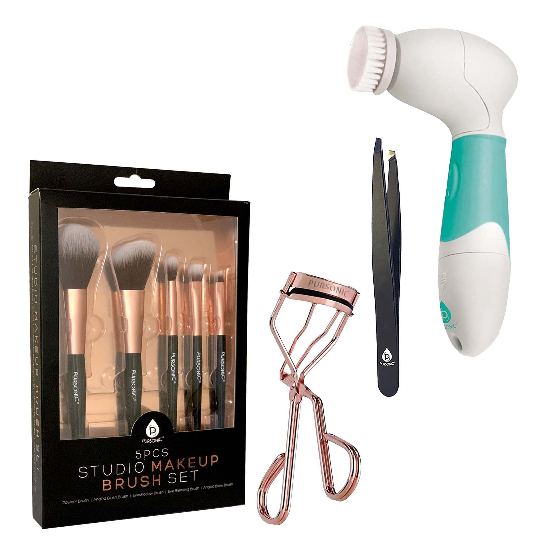 Pursonic Beauty Essentials Bundle - Advanced Facial and Body Cleansing Brush, Studio Makeup Brush Set, Slant Tip Tweezer, and Eyelash Curler-0