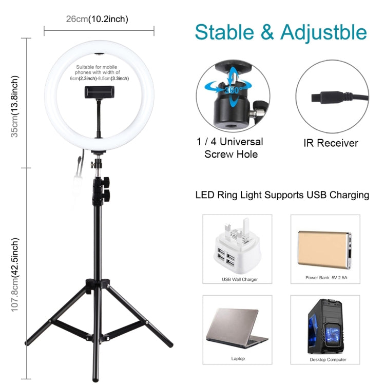 LBNIFTY -PULUZ 1.1m Tripod Mount + 10.2 inch 26cm RGBW LED Ring Vlogging Video Light  Live Broadcast Kits with Remote Control & Cold Shoe Tripod Ball Head & Phone Clamp