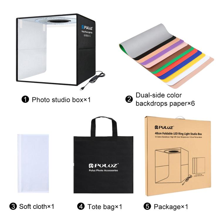 PULUZ 40cm Folding Portable Ring Light USB Photo Lighting Studio Shooting Tent Box with 6 x Dual-side Color Backdrops, Size: 40cm x 40cm x 40cm